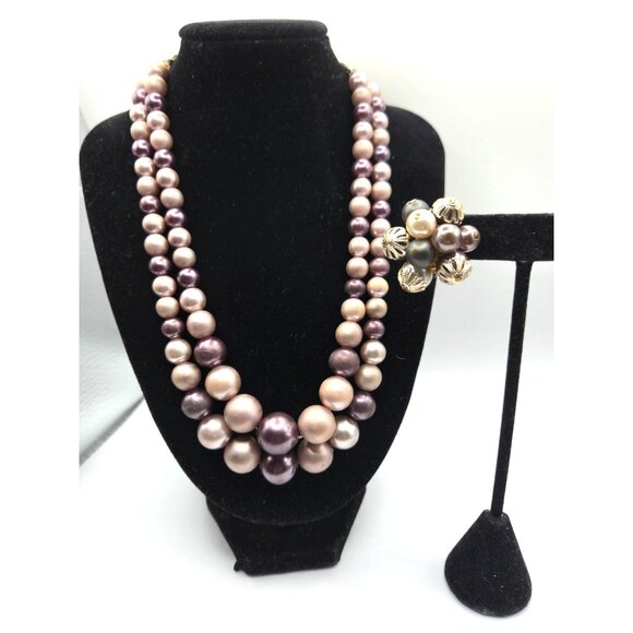 Vintage Japan 2-Strand Graduated Pearl Necklace & Earrings Mauve/Plum Set - Picture 3 of 5